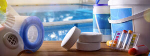 Swimming pool equipment with chemical cleaning products